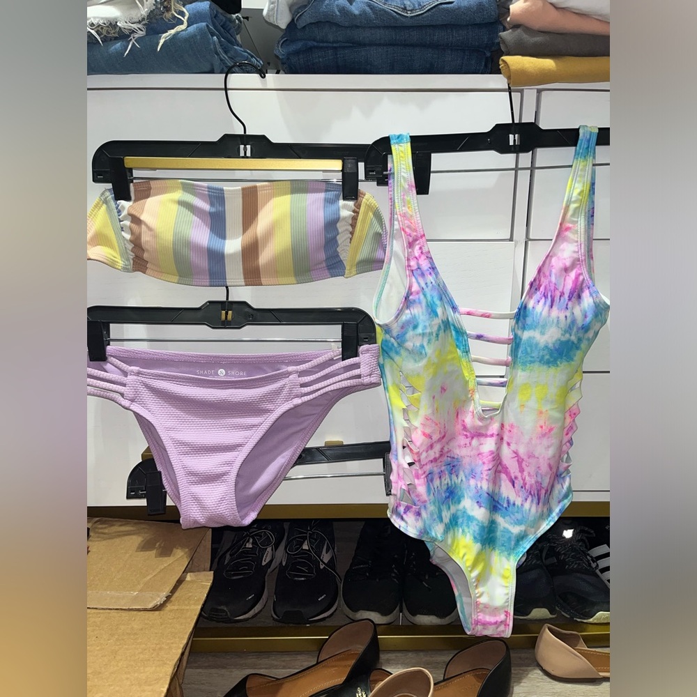 HUGE Bundle of bikini tops and bottoms. Sports bras and 2 one-pieces.